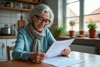 Femme retraitée souriante vérifiant sa pension à la maison