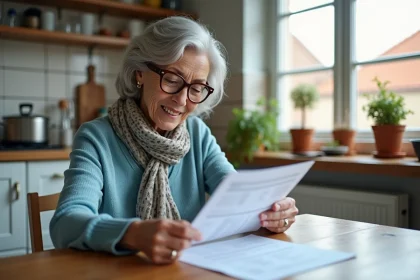 Femme retraitée souriante vérifiant sa pension à la maison