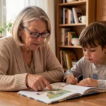 Retraitée aidant une jeune enfant à faire ses devoirs à une table en bois dans un intérieur chaleureux