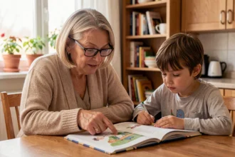 Retraitée aidant une jeune enfant à faire ses devoirs à une table en bois dans un intérieur chaleureux