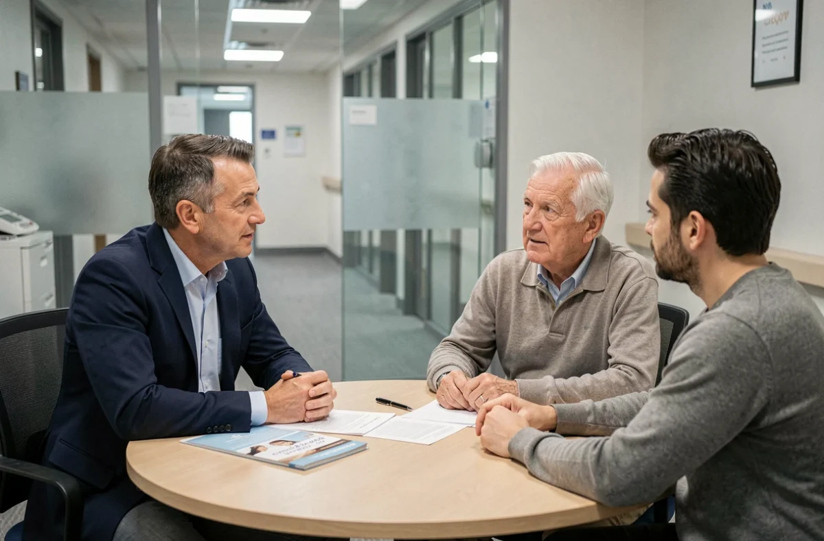 Un conseiller en EHPAD explique les démarches d'admission à un homme âgé et son fils lors d'une réunion d'accompagnement familial en maison de retraite