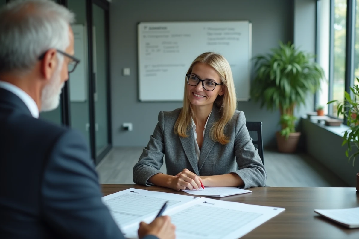 Responsable RH et agent de maîtrise discutant des avantages retraite et des grilles salariales en réunion