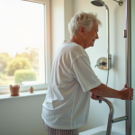 Femme agee utilisant une barre d'appui dans une salle de bain lumineuse