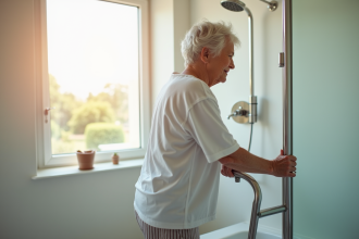 Femme agee utilisant une barre d'appui dans une salle de bain lumineuse