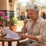 Une femme senior examinant des documents lors d'un séjour test dans une maison de retraite au Maroc, assise sur une terrasse avec décor traditionnel marocain