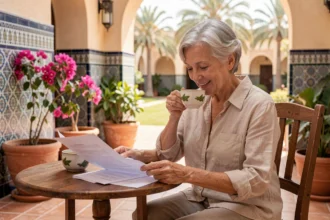 Une femme senior examinant des documents lors d'un séjour test dans une maison de retraite au Maroc, assise sur une terrasse avec décor traditionnel marocain