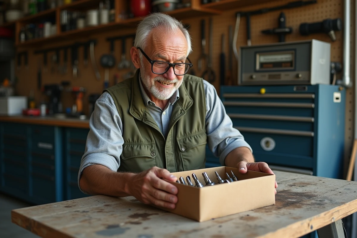 Senior bricoleur ouvrant un cadeau d'outillage de précision dans son garage atelier