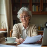 Une femme senior examine des documents financiers sur une maison de retraite à son bureau à domicile