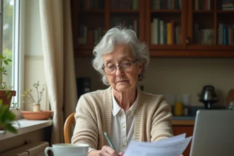 Une femme senior examine des documents financiers sur une maison de retraite à son bureau à domicile