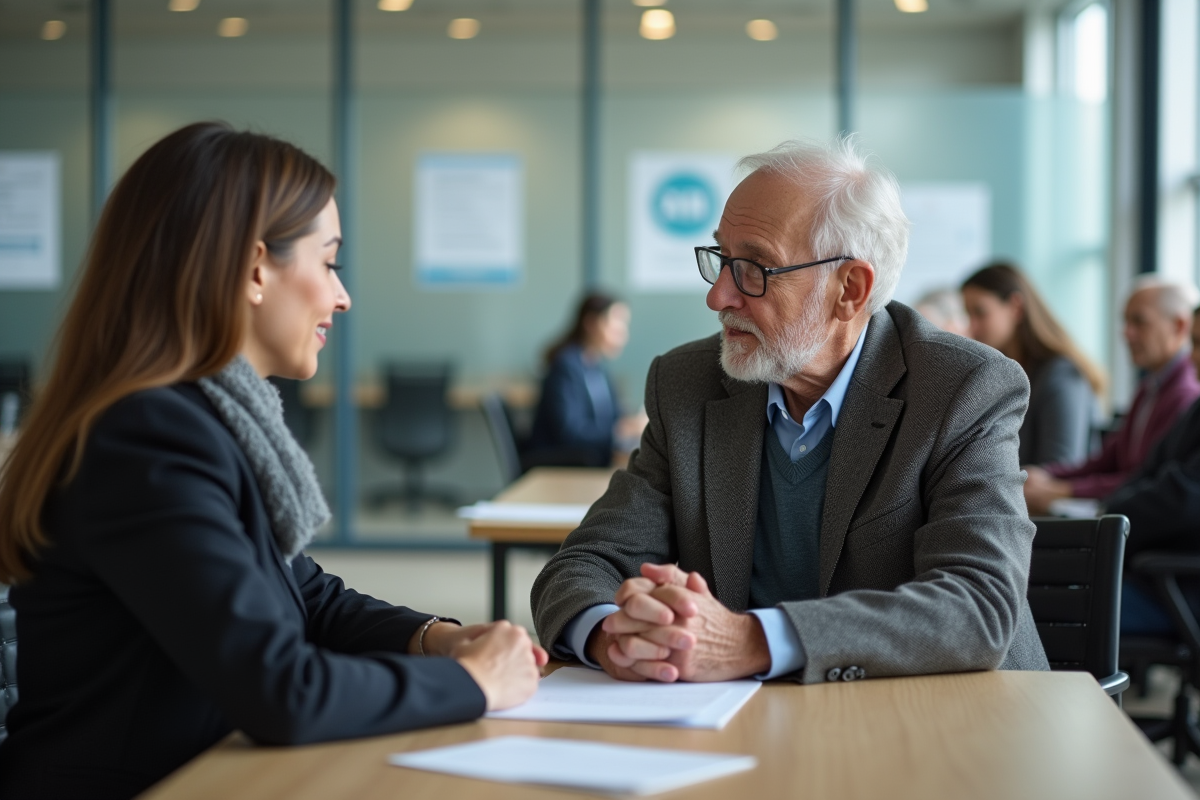 Homme age et conseillère juridique dans un centre d
