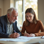 Un homme âgé et une jeune femme travaillent ensemble à un bureau lumineux