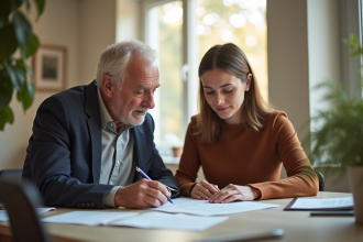 Un homme âgé et une jeune femme travaillent ensemble à un bureau lumineux