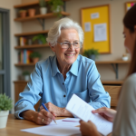 Femme senior souriante aidant avec des papiers