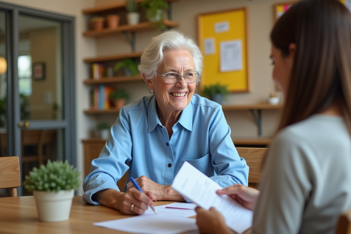Femme senior souriante aidant avec des papiers
