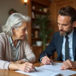 Femme senior consultante avec conseiller dans un EHPAD belge