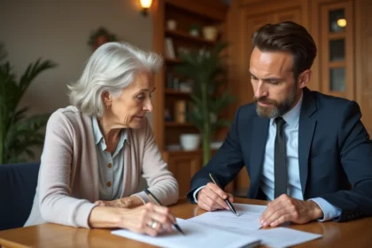 Femme senior consultante avec conseiller dans un EHPAD belge