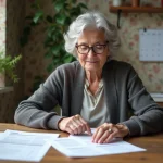 Femme senior organise papiers dans sa cuisine lumineuse