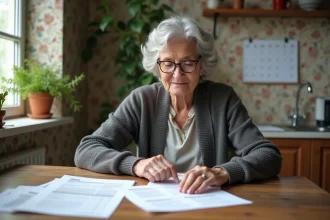 Femme senior organise papiers dans sa cuisine lumineuse