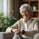Senior femme âgée consultant sa montre connectée dans son salon pour rester en sécurité à domicile