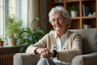 Senior femme âgée consultant sa montre connectée dans son salon pour rester en sécurité à domicile