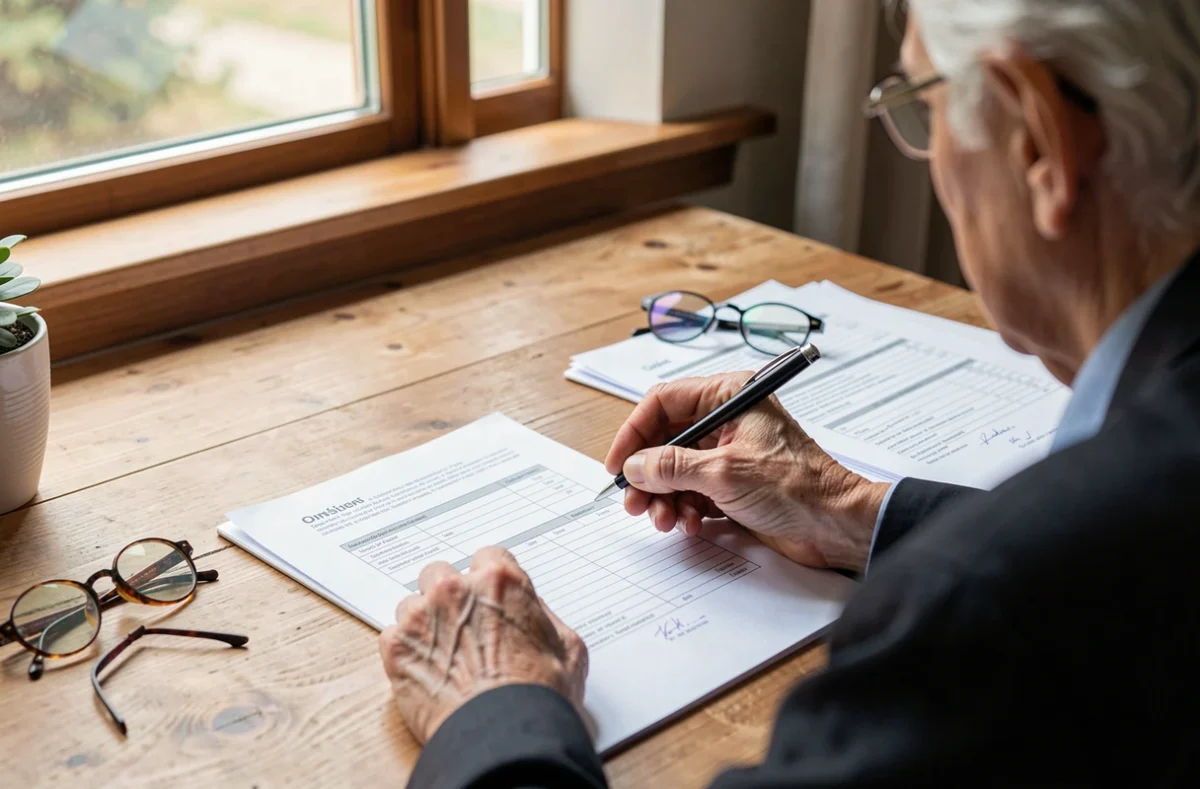 Senior remplissant un formulaire à une table près d'une fenêtre