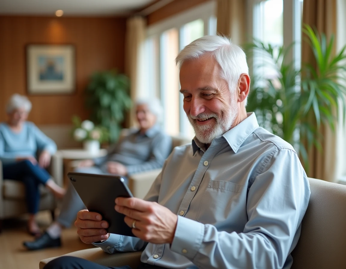 Un homme senior utilise une tablette numérique pour comparer les tarifs des maisons de retraite en ligne