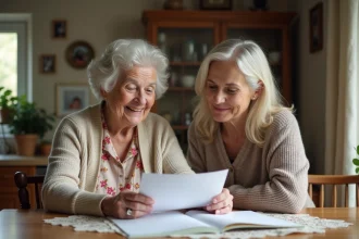Femme âgée souriante avec aidante dans la cuisine