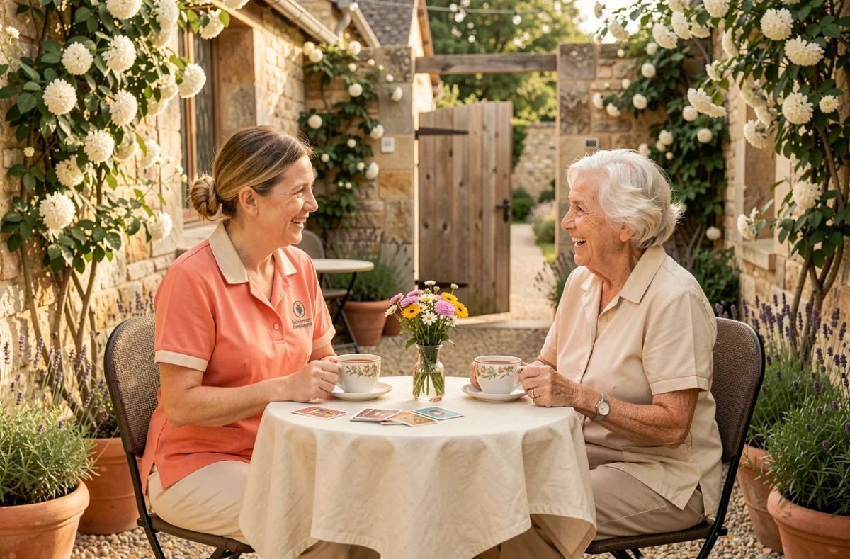 Une accompagnatrice de Seniors Compagnie Dordogne partageant un moment de conversation et de jeux avec une dame âgée dans un jardin ensoleillé