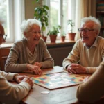 Groupe de seniors jouant à un jeu de société autour d'une table en bois dans une salle conviviale