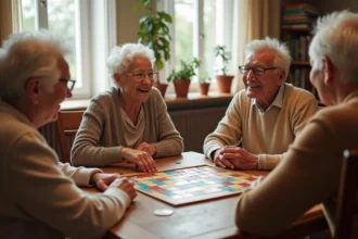 Groupe de seniors jouant à un jeu de société autour d'une table en bois dans une salle conviviale