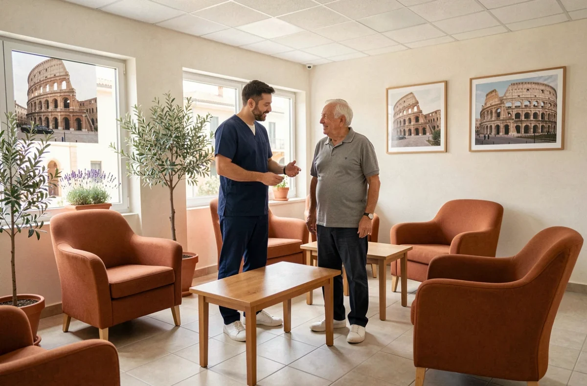 Aide à domicile accompagnant un résident senior dans l'espace commun d'une résidence Seniorhome à Nîmes