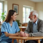 Soignante bienveillante tenant la main d'un résident âgé dans une maison de retraite, illustrant la patience et l'empathie professionnelle