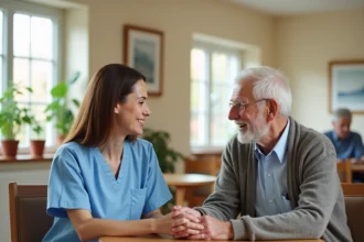Soignante bienveillante tenant la main d'un résident âgé dans une maison de retraite, illustrant la patience et l'empathie professionnelle