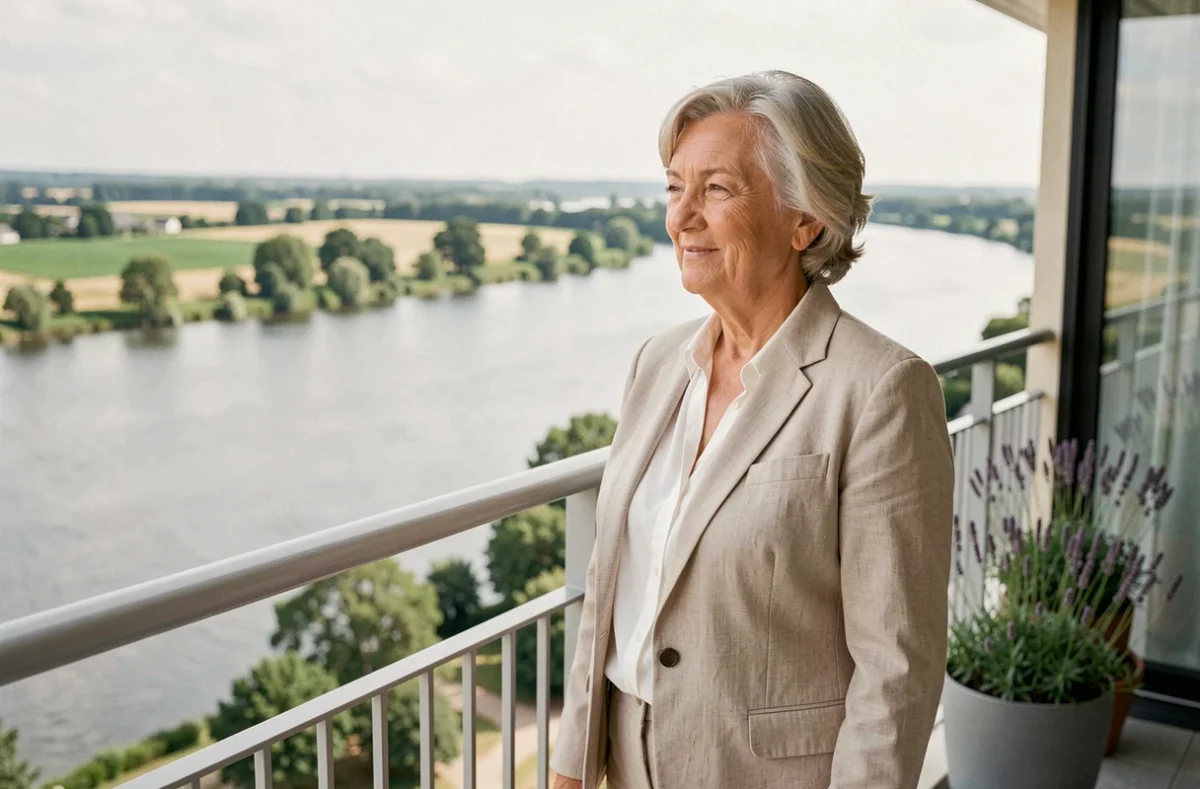 Résidente senior sur le balcon de la résidence Stella Les Bords de Loire à Orléans, admirant la vue panoramique sur le fleuve Loire