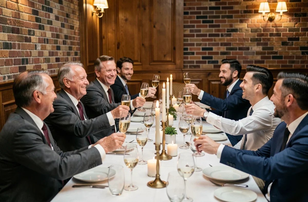 Homme à la retraite portant un toast entouré de collègues lors d'un dîner de pot de départ élégant