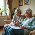 Une femme âgée en EHPAD examine sa charte des droits avec sa fille, dans une chambre chaleureuse et personnalisée
