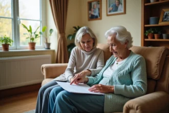 Une femme âgée en EHPAD examine sa charte des droits avec sa fille, dans une chambre chaleureuse et personnalisée