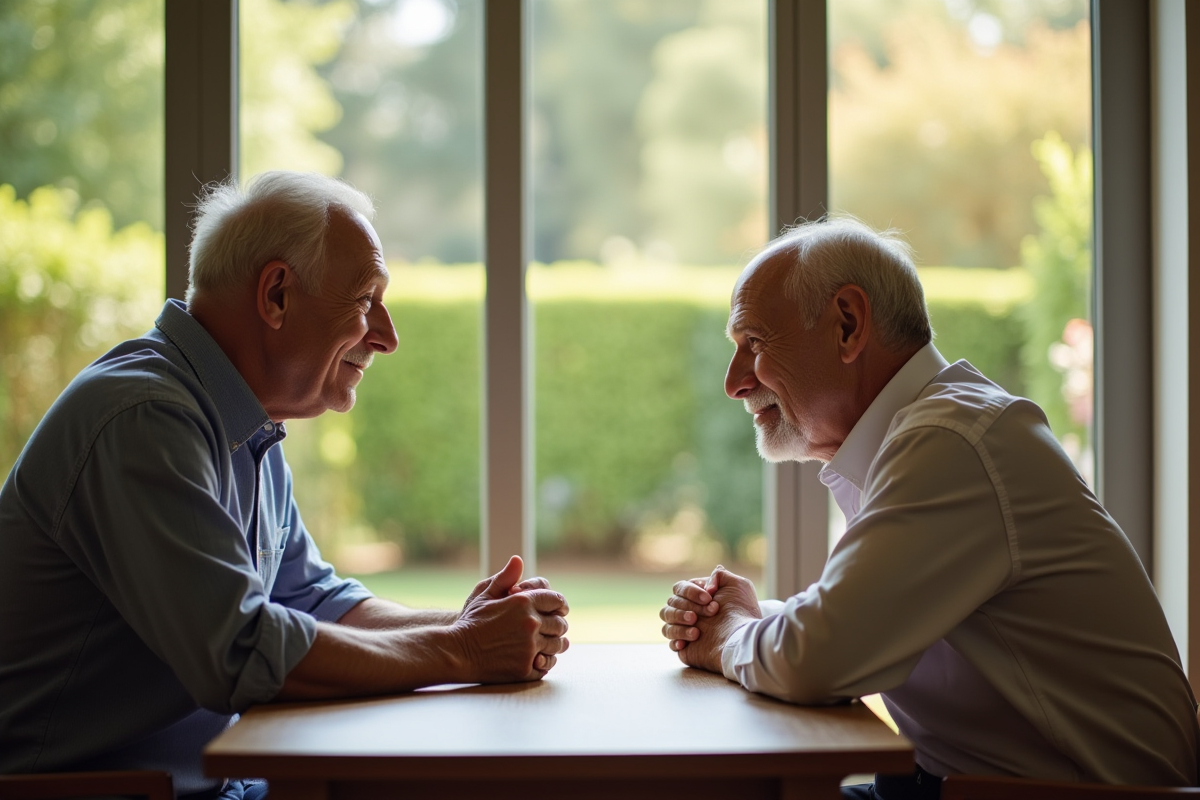Fils rendant visite a son pere dans une residence moderne