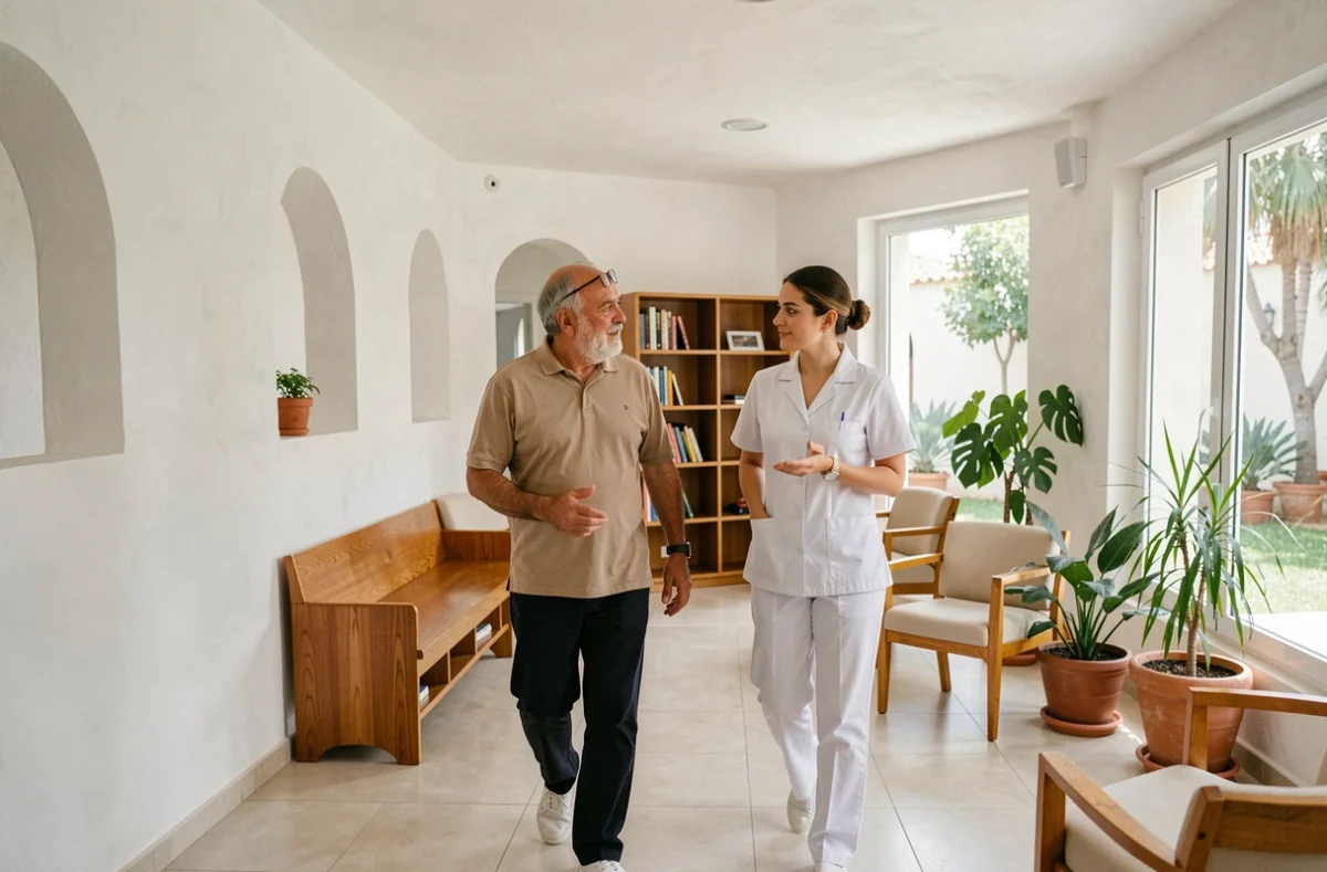 Un homme senior en visite guidée d'une résidence pour personnes âgées au Maroc, discutant avec un membre du personnel soignant dans une salle commune moderne