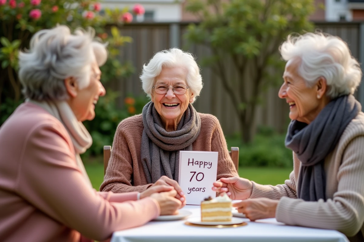 Groupe de voisines autour d une table avec carte et gateau dans le jardin