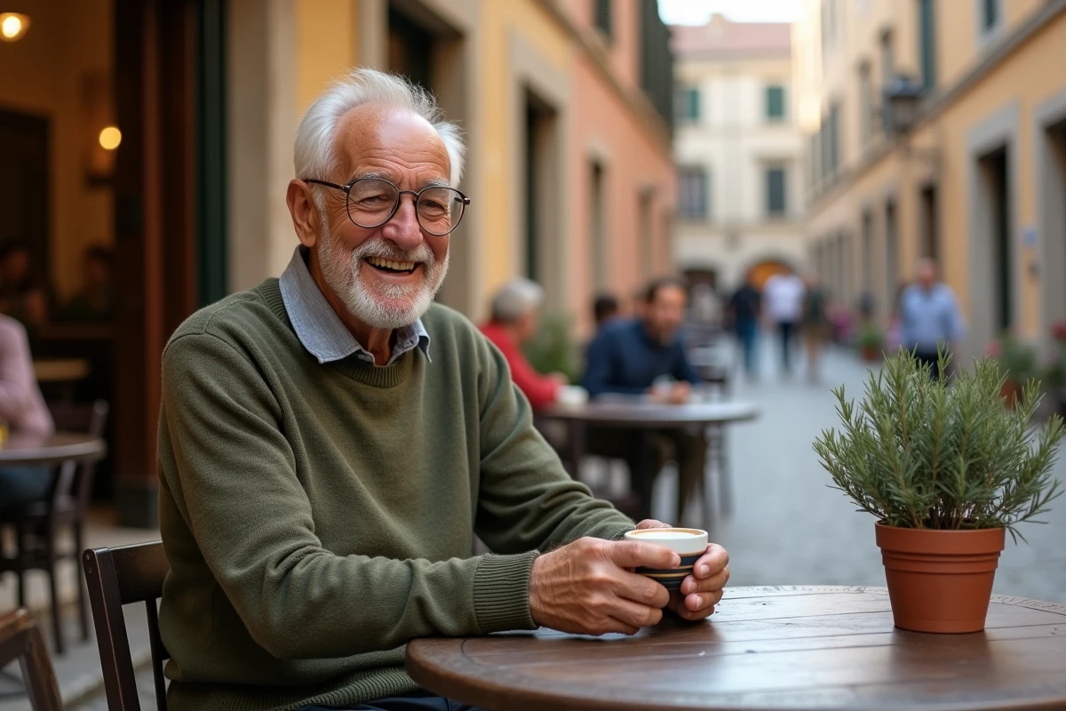 Septuagénaire savourant un café en terrasse lors d'un voyage anniversaire en Europe