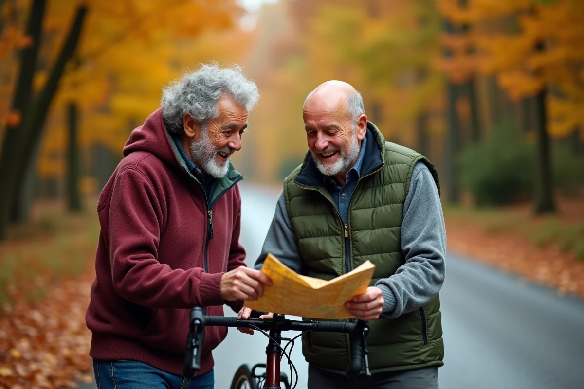 Deux hommes de 70 ans en vélo sur une route de campagne pour un week-end anniversaire nature